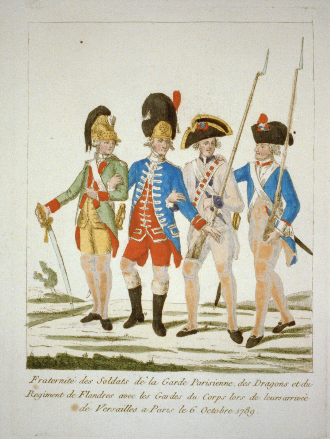 Hand-colored etching showing French soldiers on 6 October 1789. French political cartoon collection (Library of Congress).